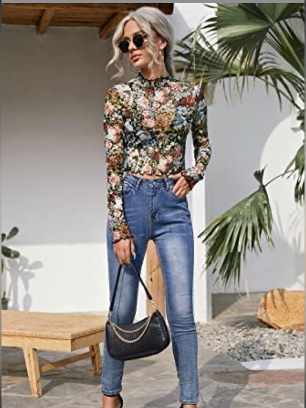 Floral Mesh Long-Sleeve Crop Top Mock Neck - Multi Color Small - Picture 2 of 6